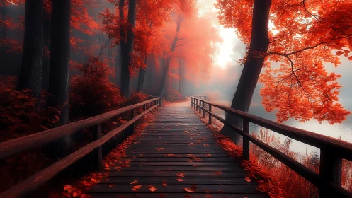Crimson forest walkway invites quiet journeys beside the lake
