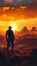 Warm desert sunset embracing a lone cowboy silhouette.
