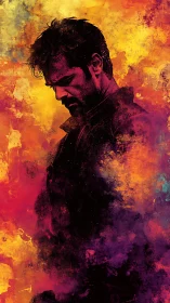 Brooding portrait glows against fiery, expressive colors