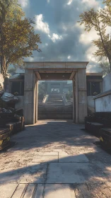 Modern stone courtyard entrance with central stairway view.