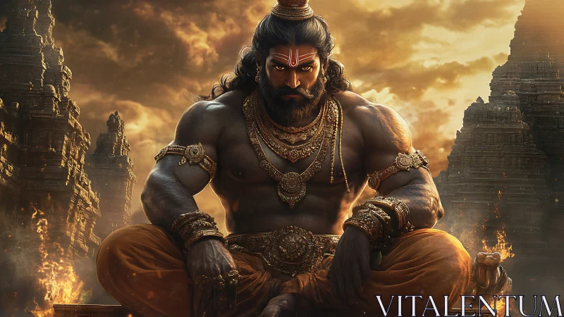 Muscular seated figure in ornate gold armor before burning ruins