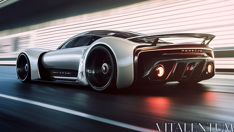 Futuristic Porsche hypercar racing through luminous tunnel.