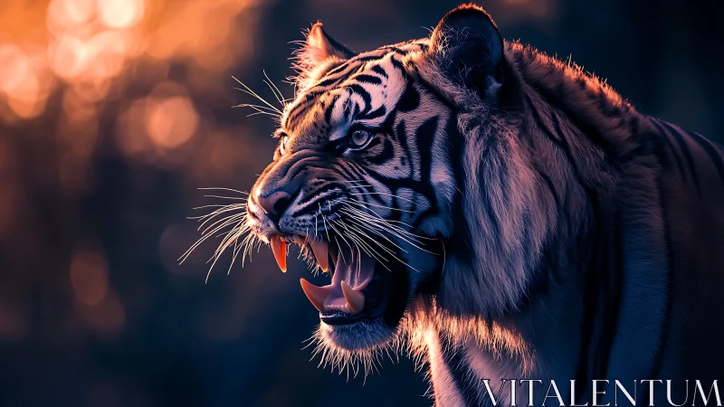 Molten twilight ignites the roar of a neon-lit tiger