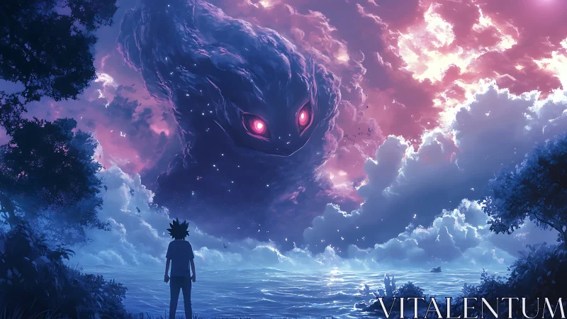 Stargazed boy confronting a cosmic storm spirit above sea.