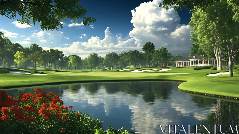 Golf course fairway curves around reflective water hazard