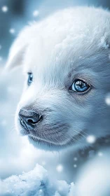 White puppy closeup in snow with bright icy blue eyes.