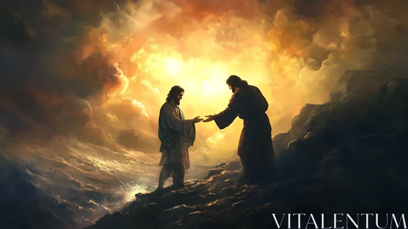 Dramatic divine encounter unfolds amid storm-lit celestial clouds