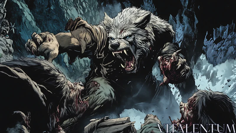 Winter cave werewolf clash bursting with wild moonlit fury.