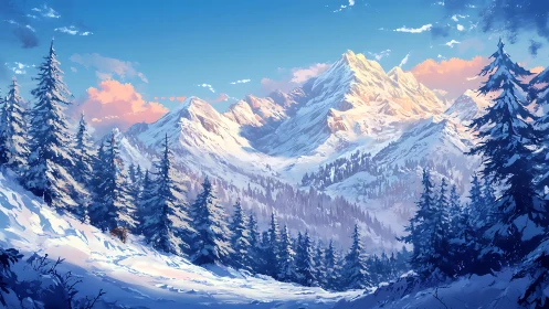 Winter mountain range under pink dawn clouds.