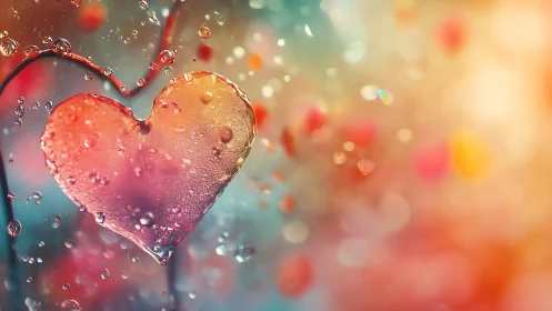 Heart-shaped water droplet suspended in bokeh-filtered gradient light.