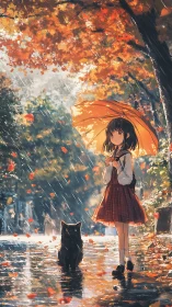 Girl with orange umbrella meets black cat in autumn rain.