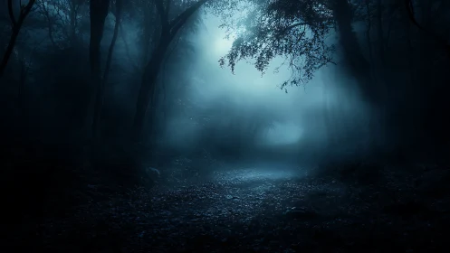 Moonlit mist penetrates a shadowed forest path at nightfall