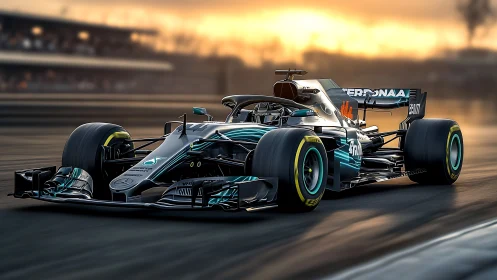 Black and teal Formula 1 race car on track at sunset.