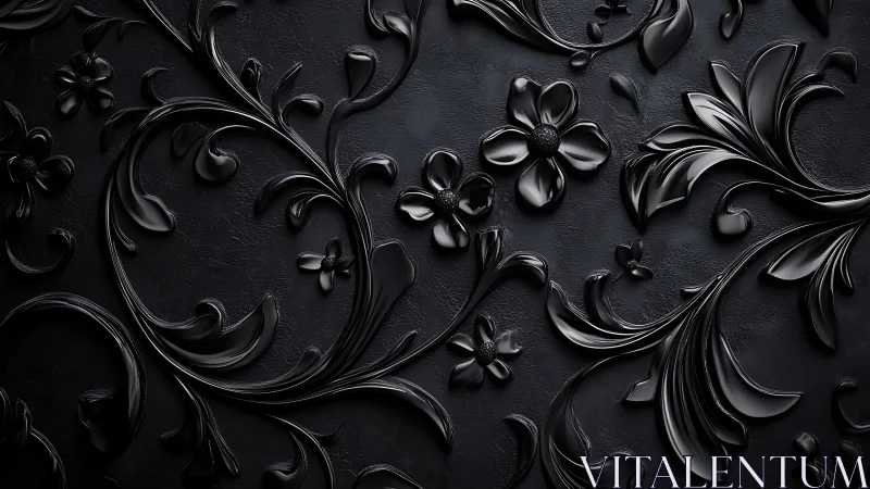 Monochrome baroque floral relief in glossy black digital rendering.