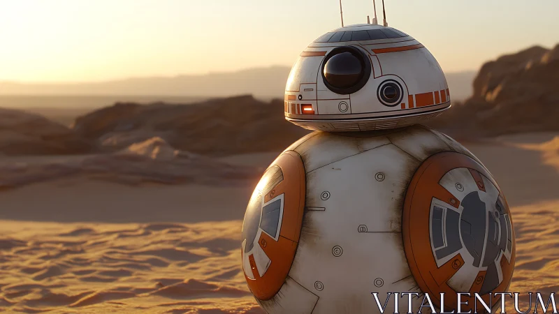 Spherical droid stands on sunlit desert sand at sunset