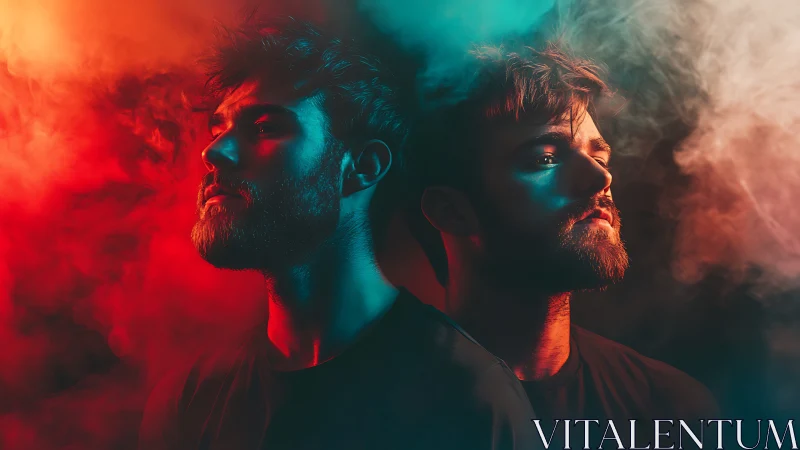 Dual-angled bearded portrait in vivid red and teal haze.