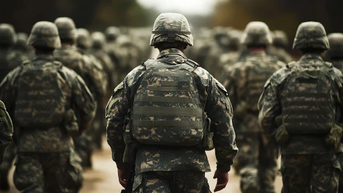 Rear view of soldiers in camouflage on organized march.