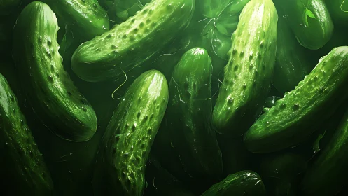 Close-up digital rendering of multiple green cucumbers.