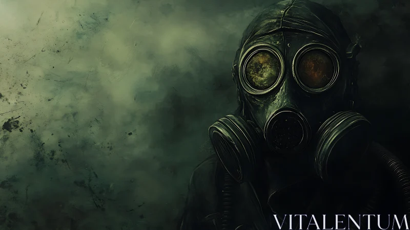 Gas-masked sentinel listens to the ruined sky breathe slowly