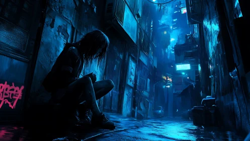 Solitary figure in neon drenched cyberpunk alley at night.