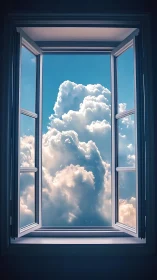 Open window framing bright cumulus cloudscape sky.