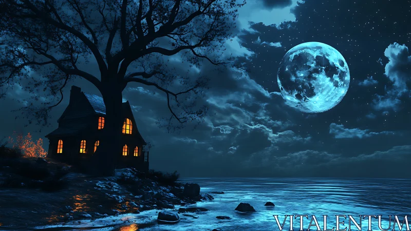 Moonlit seaside house under glowing full blue moon.
