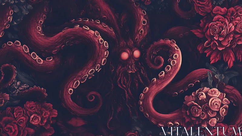 Crimson tentacled horror coils among blooming gothic roses