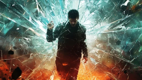 Man standing amid shattered glass and glowing colors.