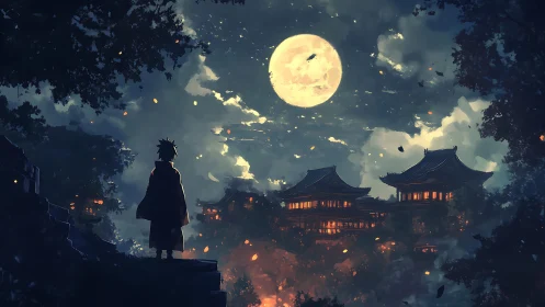 Moonlit hillside wanderer gazing toward glowing temples.