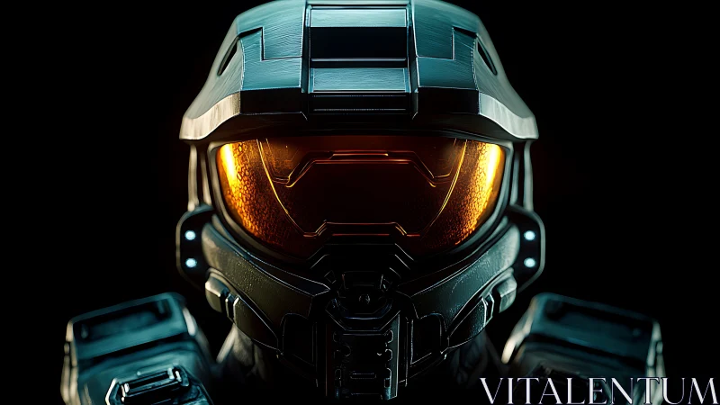 Futuristic armored helmet with glowing gold visor