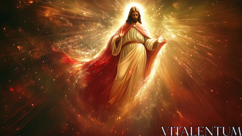 Radiant robed figure walking through swirling golden light.