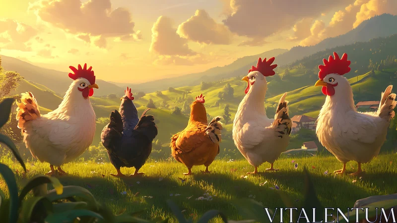 Pastoral Roosters in Golden Hour Alpine Valley. Rendering.