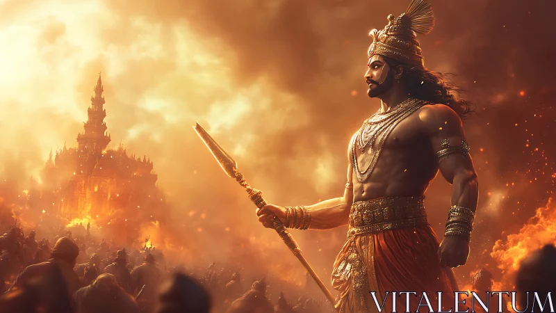 Warrior monarch dominates burning citadel under ember sky.