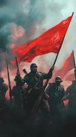 Revolutionary soldiers advance beneath a blazing red banner.