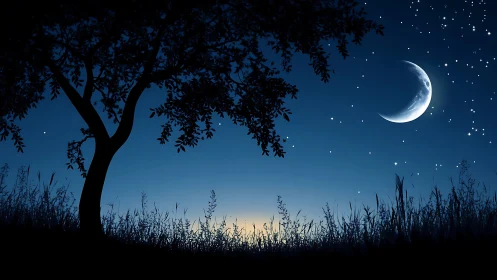 Crescent moon above silhouetted field and tree at dusk.