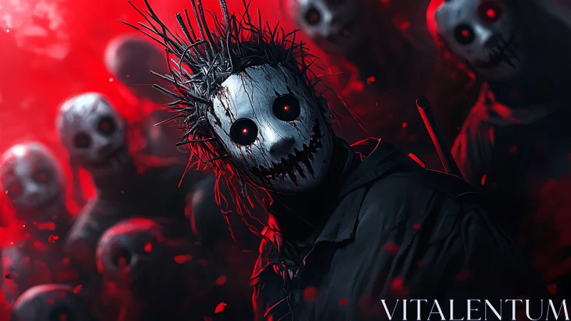 Group of masked figures with red glowing eyes in haze.