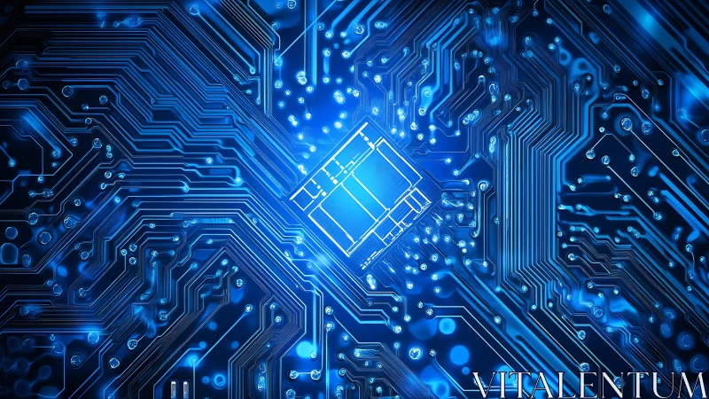 Blue glowing microchip centered in dense circuit board