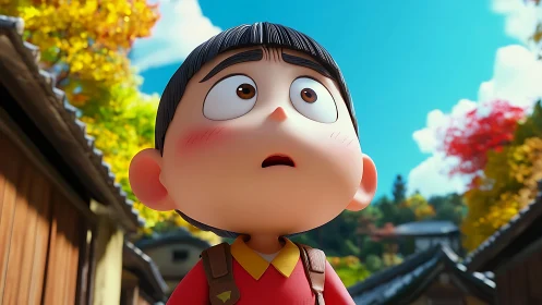 3D stylized child character gazes upward in sunlit village street