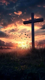 Wooden cross in grassland under dense sunset cloudscape.