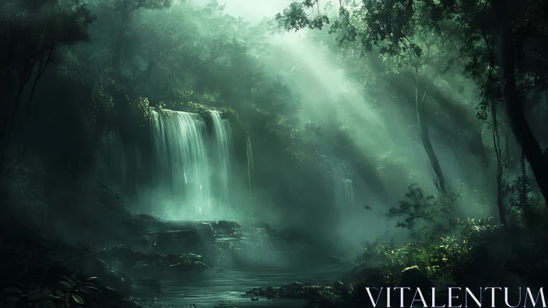Enchanted Waterfall Deep in the Misty Forest.