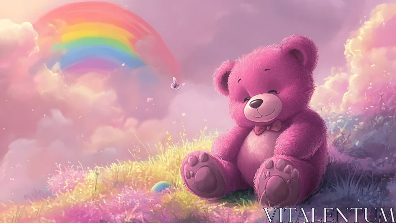 Blushing teddy bear dreaming beneath a candyfloss rainbow.