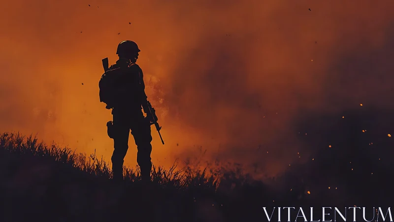 Solitary Soldier Silhouette Against Inferno Landscape.