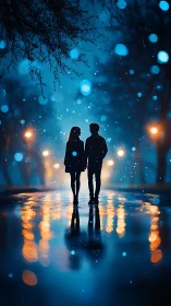 Two silhouettes waltz through luminescent urban nocturne.