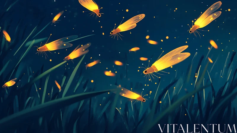 Bioluminescent fireflies illuminate a stylized nocturnal meadow