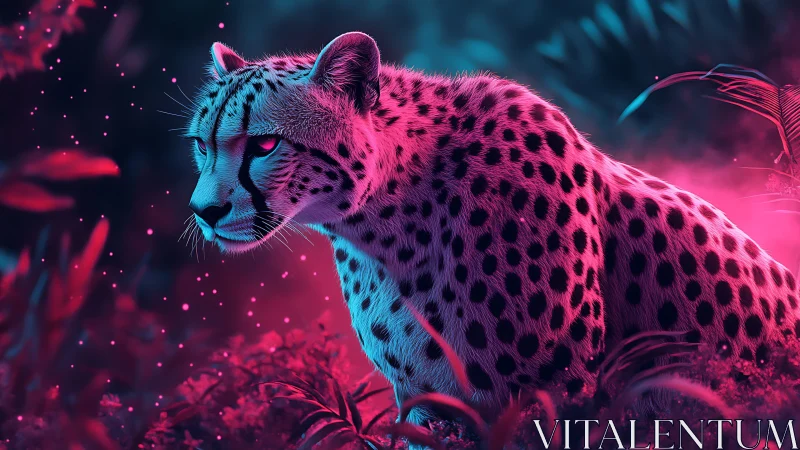 Neon-illuminated leopard rendered in digital synthesis.