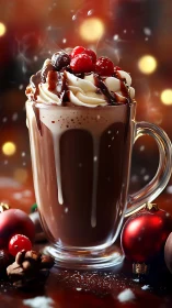 Festive glass mug of whipped berry chocolate with bokeh steam.