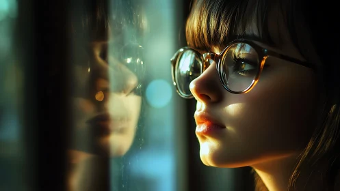 Cinematic close-up portrait in reflective glass, warm rim lighting