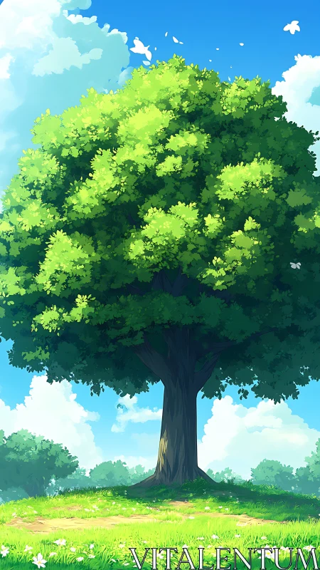 Sunlit tree stands in a bright, peaceful summer meadow.