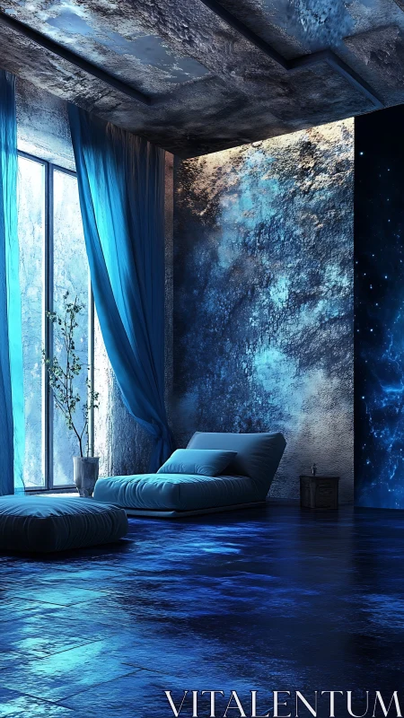 Midnight blue lounge with ethereal light reflections.