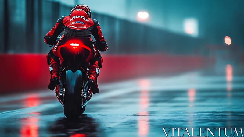 Rain-soaked superbike sprint under neon pit lane glow.